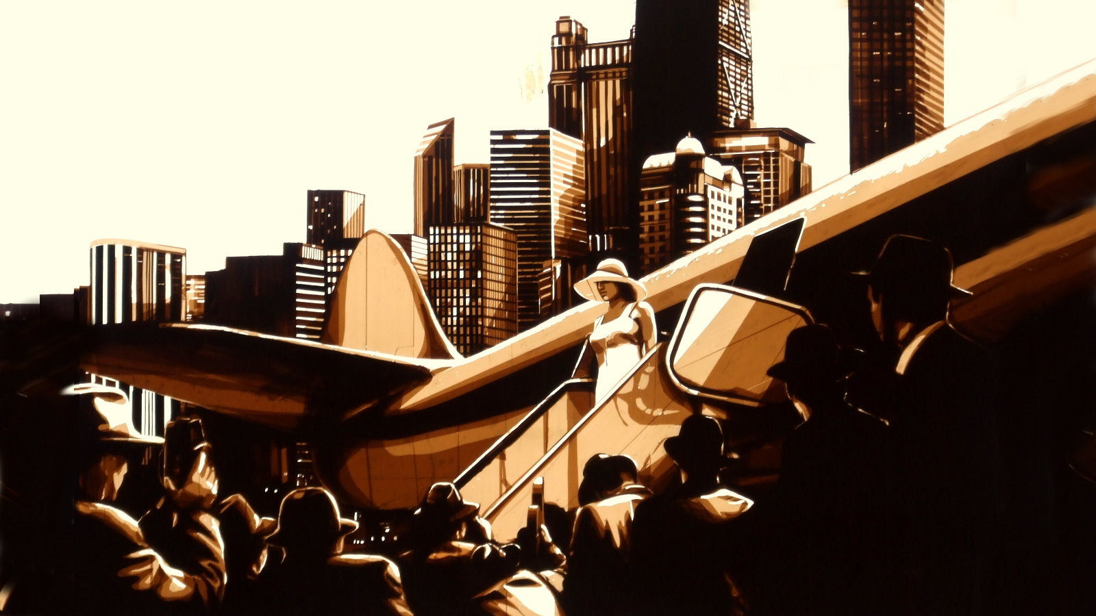 Art made of packing tape by Max Zorn, art du ruban, Kunst mit Klebeband, depicting woman and airplane in front of Chicago skyline