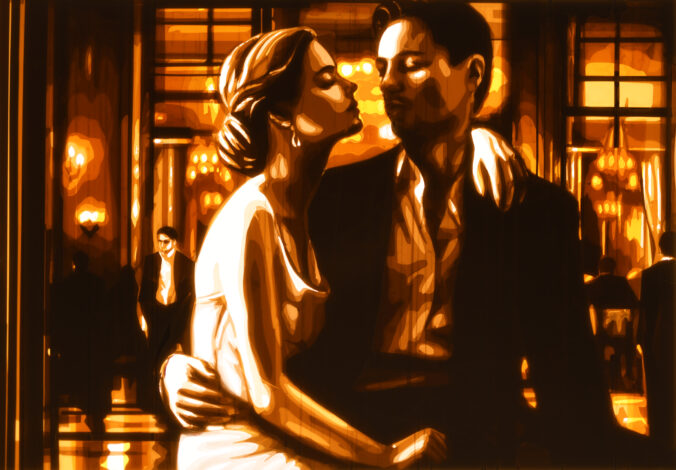 A couple in a tender embrace, rendered in golden tones through Max Zorn's unique packing tape art technique, part of the exclusive annual studio sale collection.