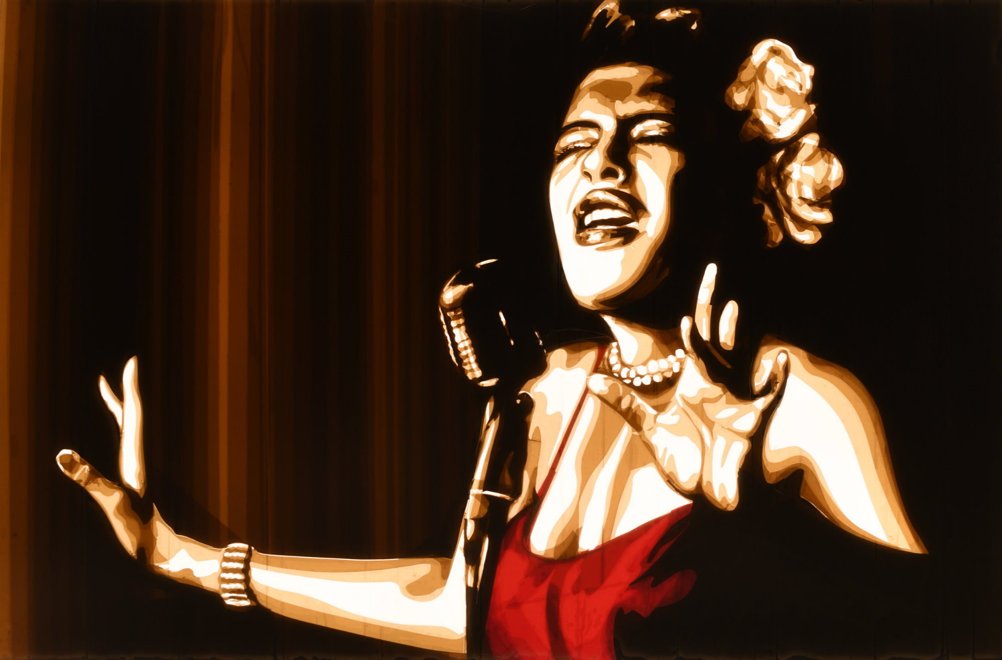 This artwork made of brown packing tape depicts Billie Holiday, the famous jazz and blues singer