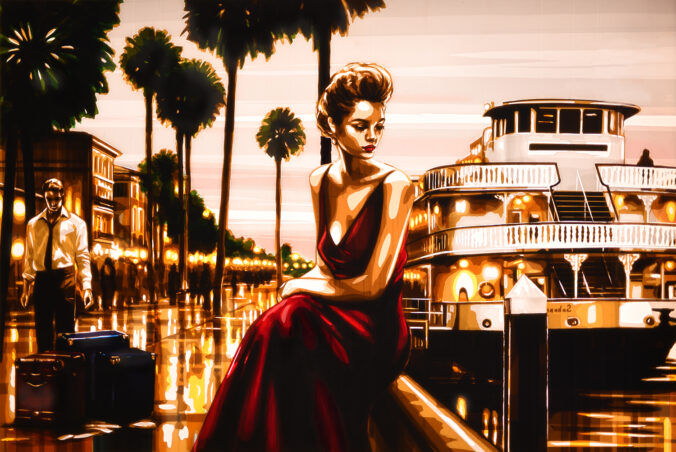 Elegant woman in red dress seated near a river with a vintage paddle steamer and palm trees in the background, reflecting the vibrant nightlife atmosphere in an artistic rendition by Max Zorn for his latest sale of original artworks