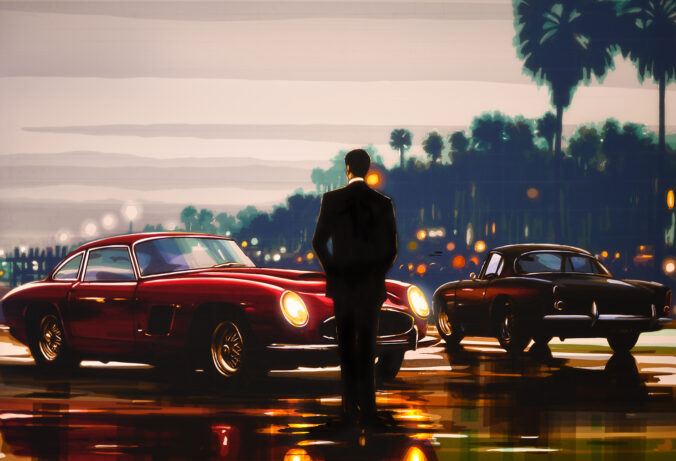 Man standing before two classic cars under a twilight sky, an original tape artwork by Max Zorn, available at early bird prices during the annual studio sale for collectors.