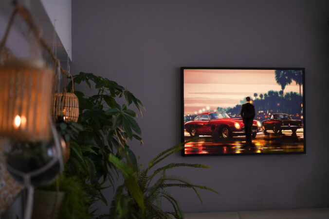Max Zorn's 'Caribbean Nights', a tape art piece displaying vintage cars at dusk, exquisitely lit and adding ambiance to a collector's room.