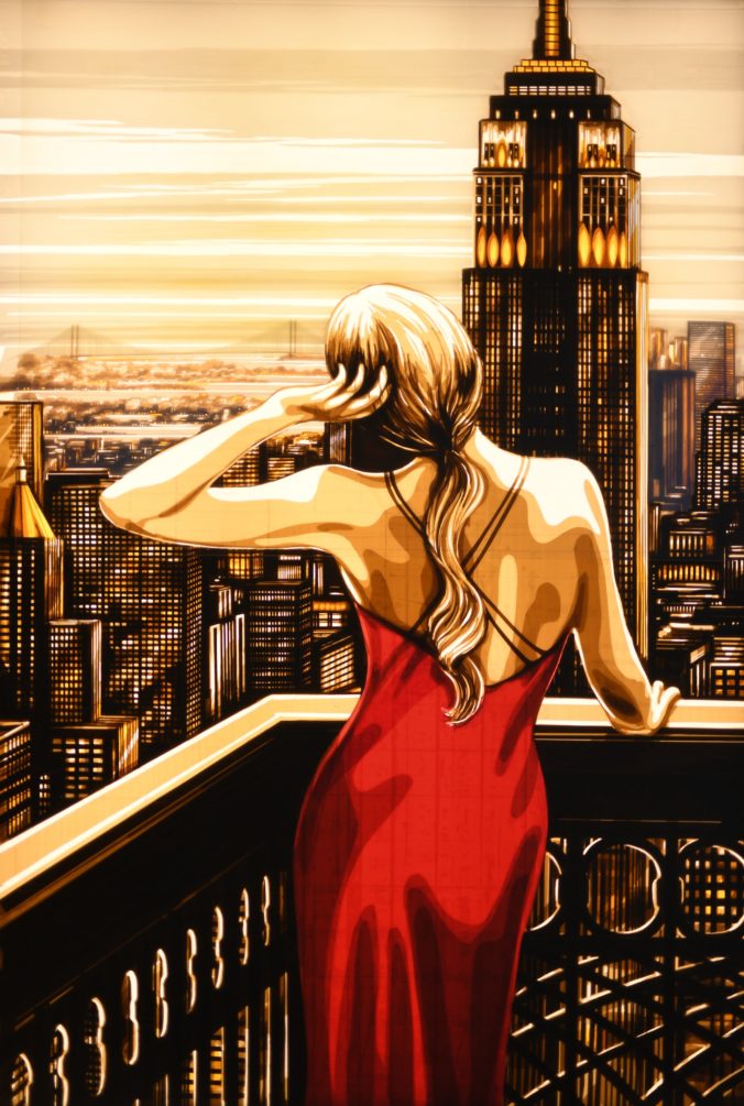 Artwork by Max Zorn, showing a woman looking from a balcony over New York city
