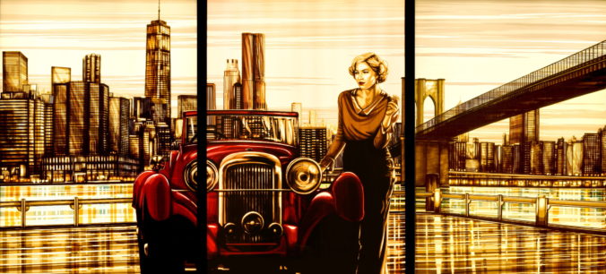 Contemporary artwork made of packing tape. It shows a woman leaning on a red car in front of the skyline of New York, with a bridge and the Hudson river in the background.