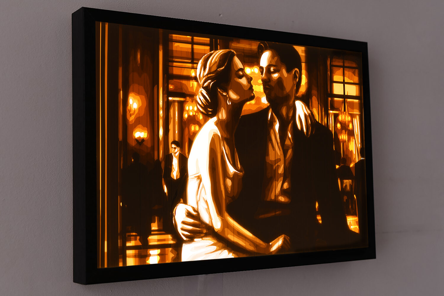Intimacy Illuminated: 'Duet' by Max Zorn Max Zorn's 'Duet' features a couple in a tender embrace, a tape art piece elegantly lit and showcased on a modern wall