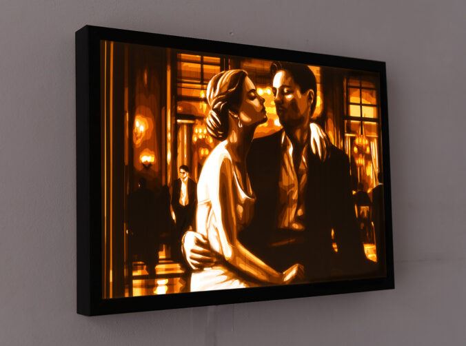 Max Zorn's 'Duet' features a couple in a tender embrace, a tape art piece elegantly lit and showcased on a modern wall