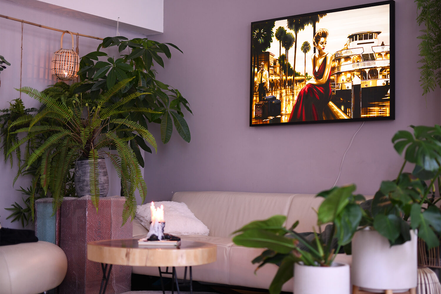 Max Zorn's 'Crossroads' - A Tape Art Discovery Max Zorn's tape artwork 'Crossroads' depicting a thoughtful woman by the waterfront, elegantly displayed in a living room setting."