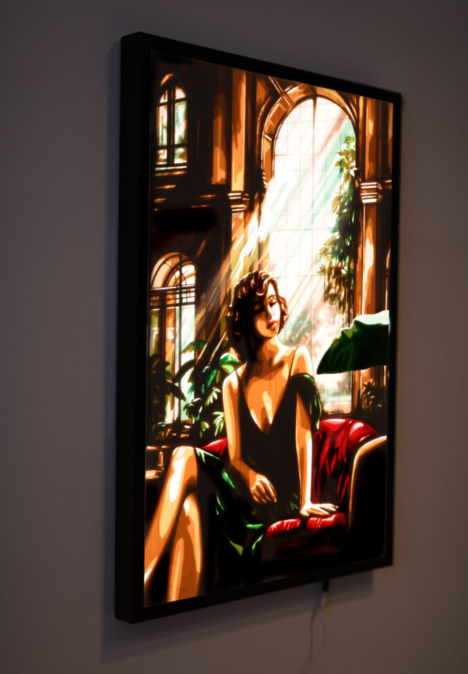 Elegantly lit 'Reverie' artwork by Max Zorn, depicting a thoughtful woman in a sunlit room, perfect for sophisticated wall decor.