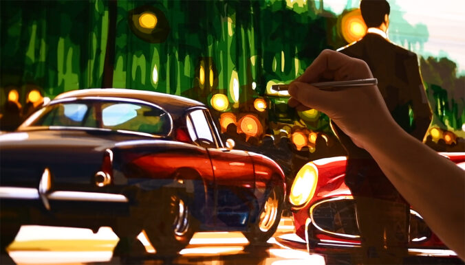 Artist Max Zorn in the process of crafting 'Caribbean Nights', his vibrant tape artwork depicting classic cars at dusk.