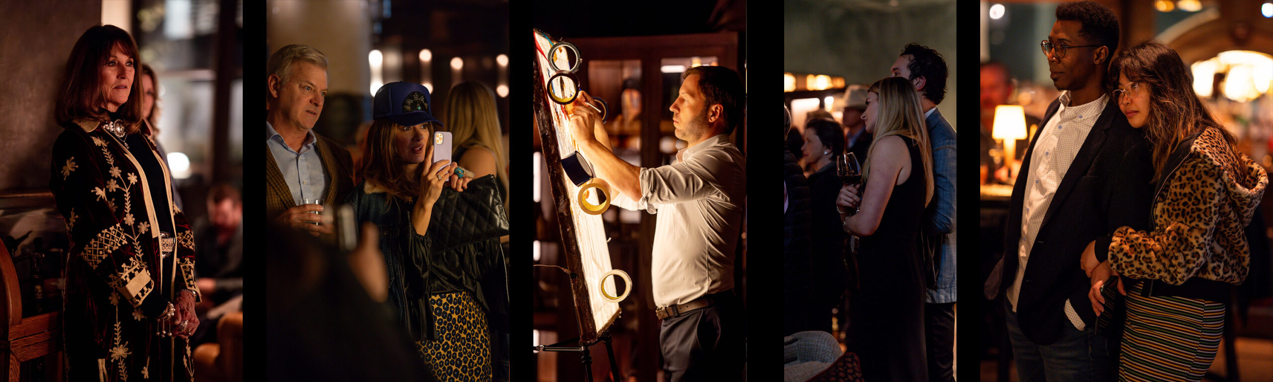 Four-panel collage capturing various attendees at an art event held at the Bowie House in Fort Worth, part of the Auberge hotel group, showcasing reactions to tape art displays.