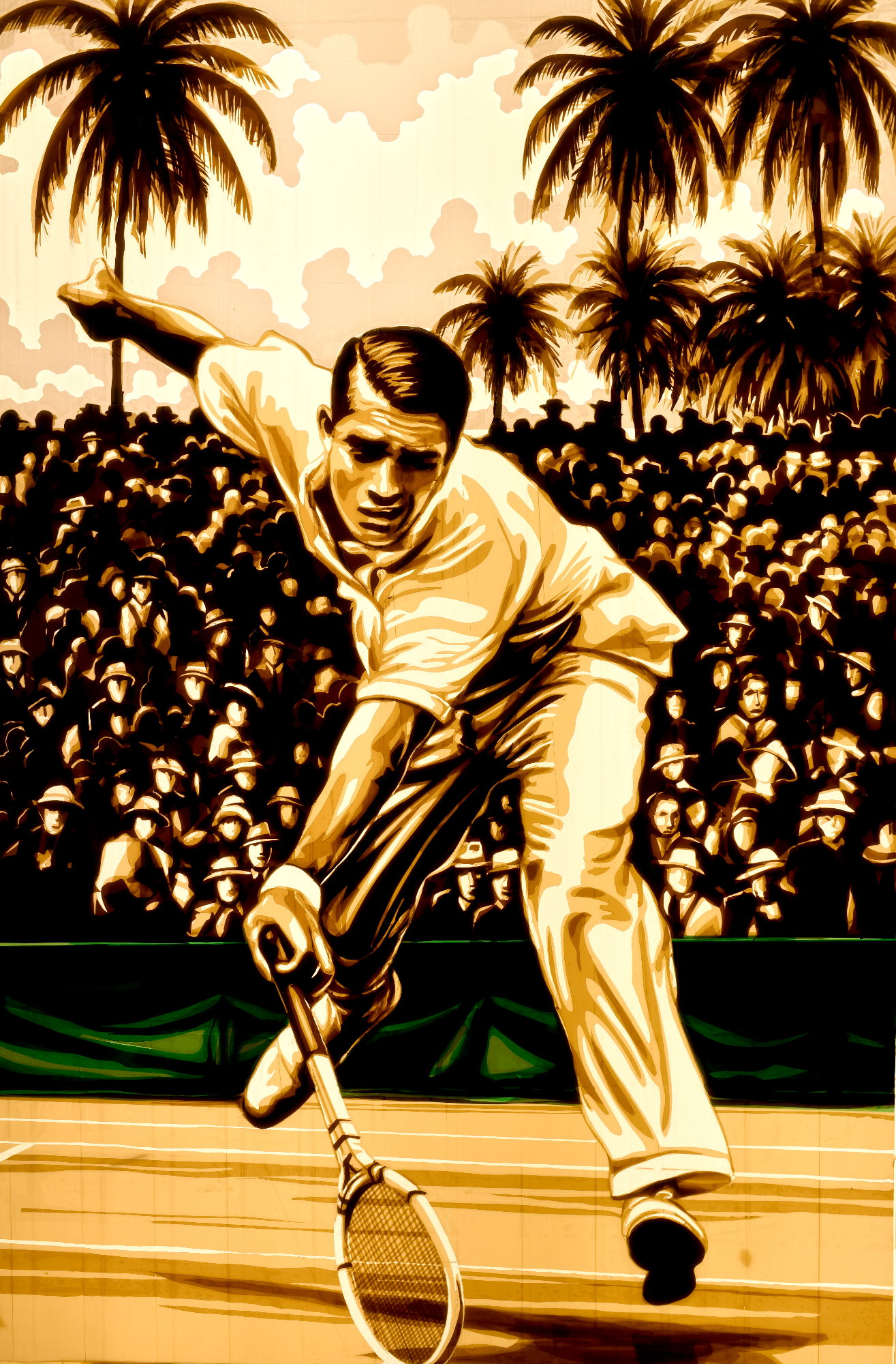 A tennis player is jumping for the ball. Artwork made by Max Zorn with packing tape, showing a vintage tennis scene, with audience, palm trees and a player