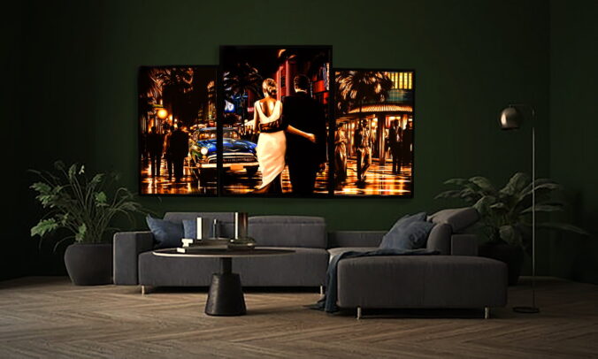 Stunning triptych by Max Zorn, with a Miami nightscape in tape art, ideal for sophisticated interior design projects.