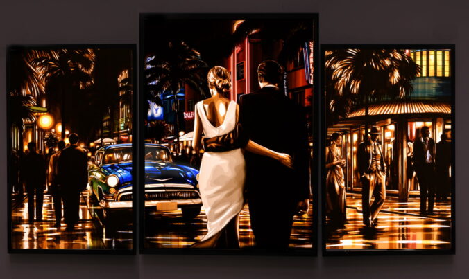 A triptych tape artwork by Max Zorn, showcasing an evocative Miami street scene, perfectly suited for Art Basel Miami collectors.