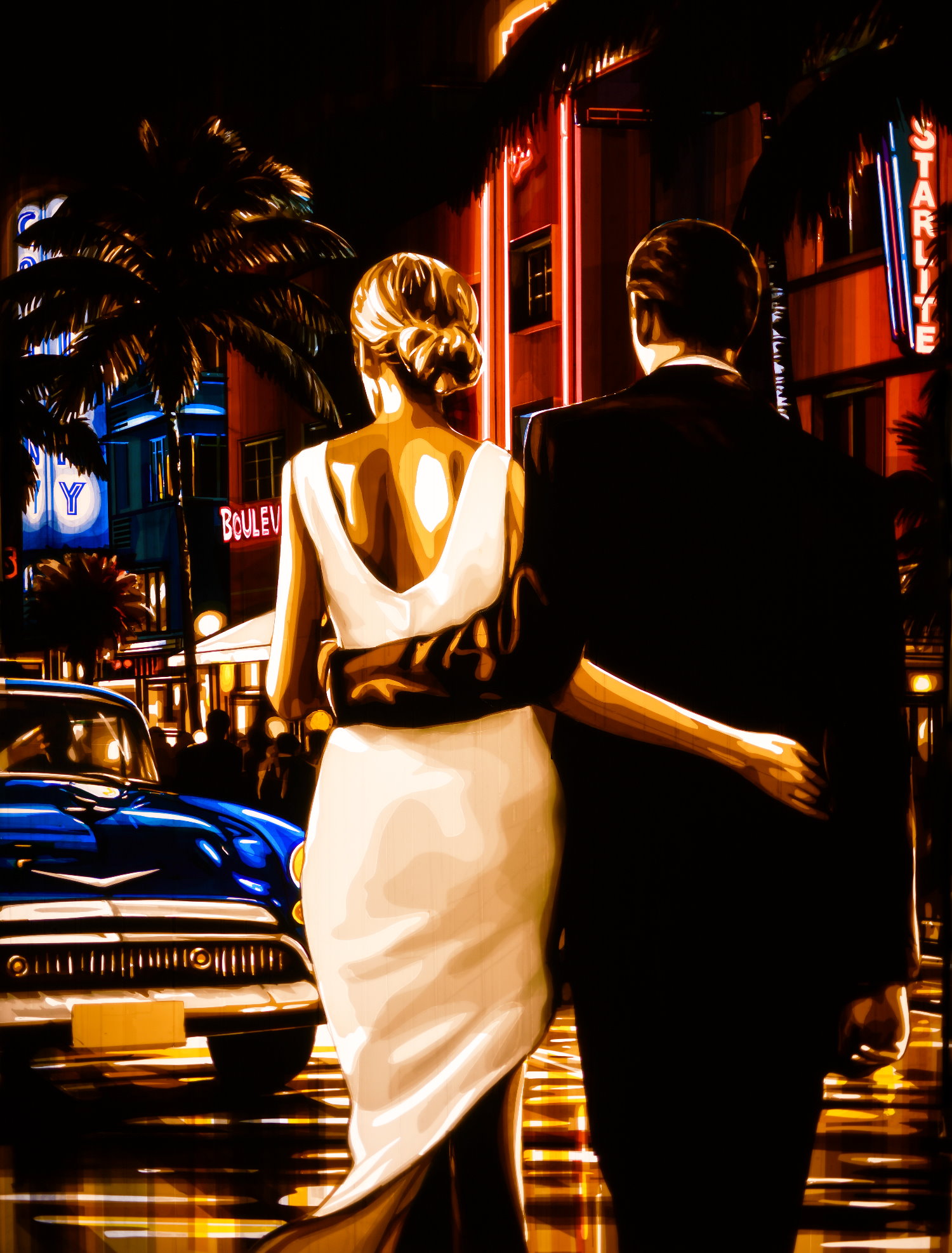 Intricately layered tape art triptych by Max Zorn, depicting a vivid Miami streetscape, a fresh discovery for contemporary art enthusiasts.