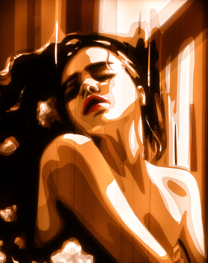 A woman in repose, her features highlighted by the interplay of light and shadow in Max Zorn's 'Nocturne', a packing tape artwork available in the annual studio sale for collectors