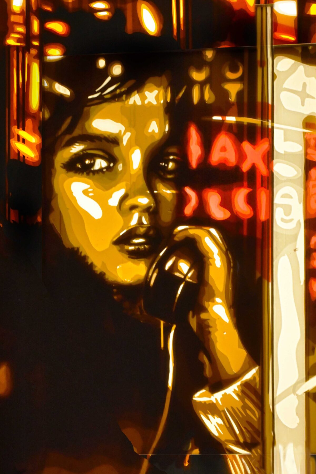 Nightcall - tape art by Max Zorn Nightcall - Max Zorn's tape artwork - The city speaks in shadows and light, and she’s always listening.