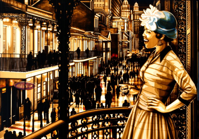 This contemporary artwork is made with packing tape but tape artist Max Zorn. It depicts a woman looking down from a balcony in New Orleans