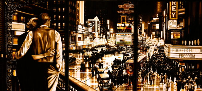 A large artwork by Max Zorn, made with only packing tape. It shows a film noir scene of the 1920s with a couple on a balcony looking over Time Square in New York city. There are vintage cars, a tram and people going out on the plaza amidst the city lights.