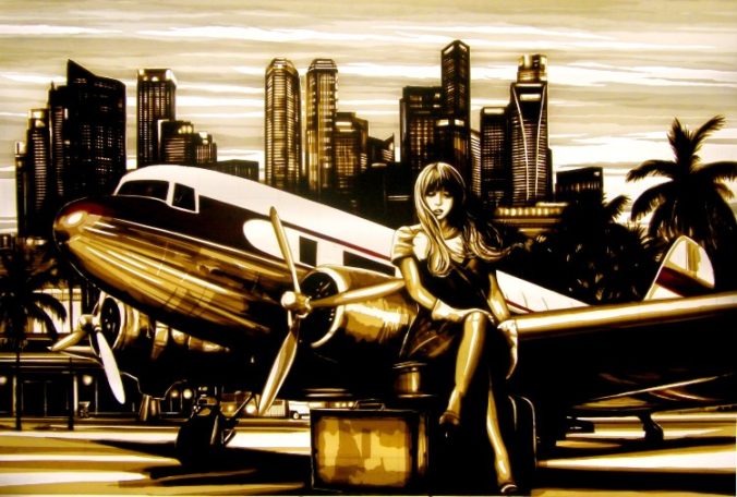 Artwork made with packing tape depicting woman sitting in front of a vintage airplane. In the background, the skyline of Singapore. Film noir scene, Kunst aus Klebeband, ruban adhesif