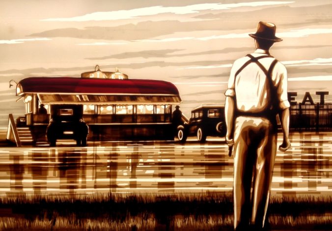 Artwork created with packing tape by Tape-Artist Max Zorn, depicting a film noir gangster scene unfolding around a vintage diner