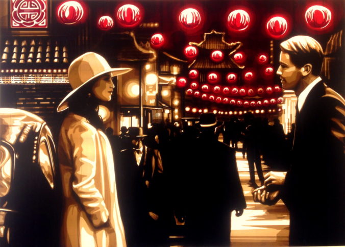 Artwork made with packing tape by Max Zorn, depicting a scene in China Town