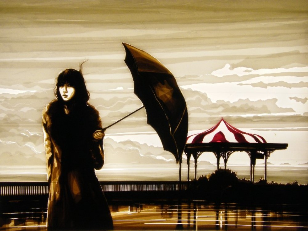 Award winning artwork made of packing tape by Max Zorn. The artwork shows a woman holding an umbrella, with a stormy background. This artwork was featured at the Wall Street Journal, Art Basel Miami, Spectrum art fair. Materials use to create it were only brown, white and red packing tape.