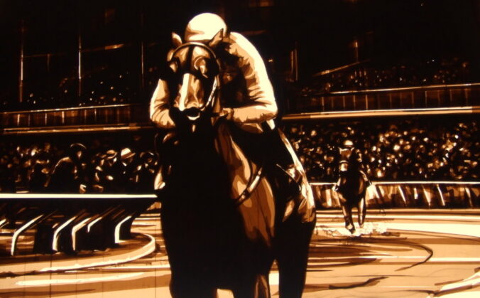 Max Zorn's tape art depicting a jockey on horseback, set against the backdrop of an illuminated audience, evoking the essence of western rodeo.