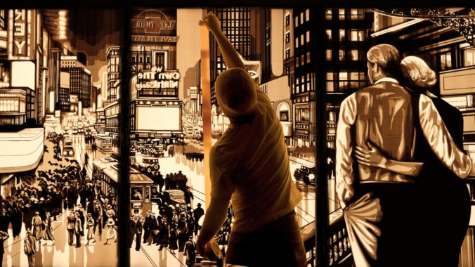 Tape Artist Max Zorn creates a large artwork live, using only packing tape and a scalpel. The artwork depicts a scene at Times Square in 1920s New York in a film noir setting.