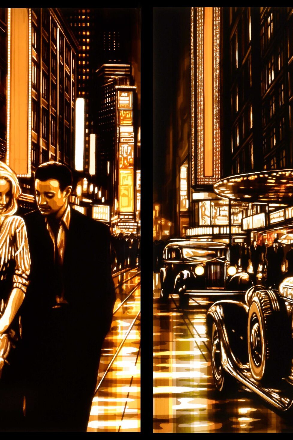 Max Zorn's artwork 'Tremble' depicting a couple leaning in under neon lights in 1920s New York, crafted with layers of packing tape.