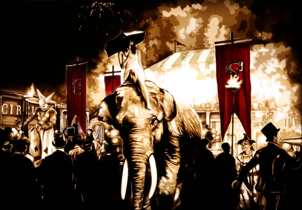 Artwork created with packing tape by tape artist Max Zorn, depicting a woman riding an elephant through a circus scene