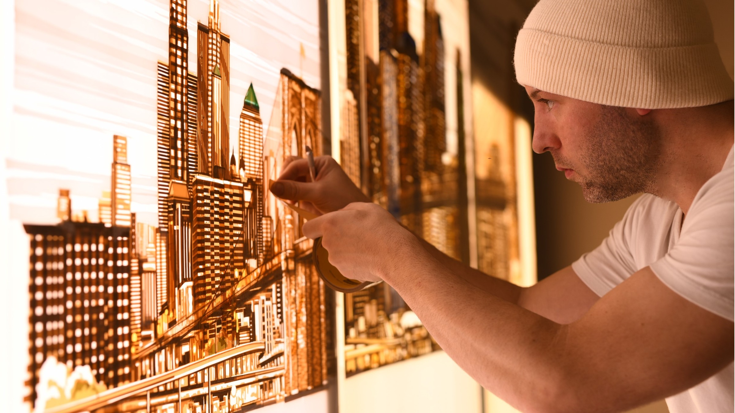 Max Zorn in a white cap cuts packing tape with a scalpel to build the skyline and bridge in Dream.