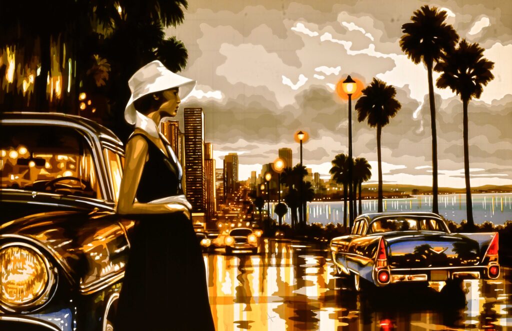 Even Tide, original tape artwork by Max Zorn showing a woman in a white hat and vintage cars on a palm-lined waterfront.