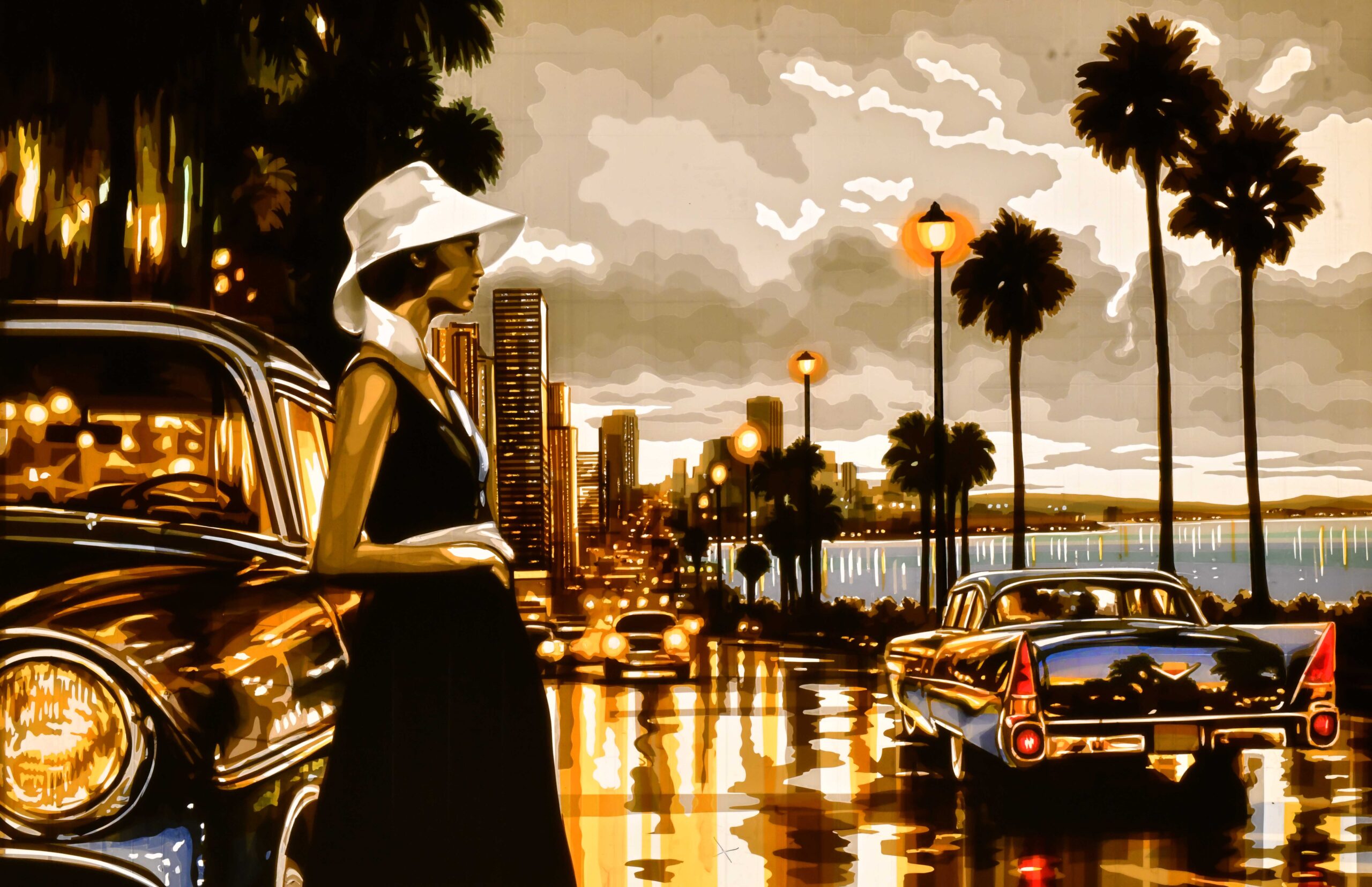 Even Tide, original tape artwork by Max Zorn showing a woman in a white hat and vintage cars on a palm-lined waterfront.